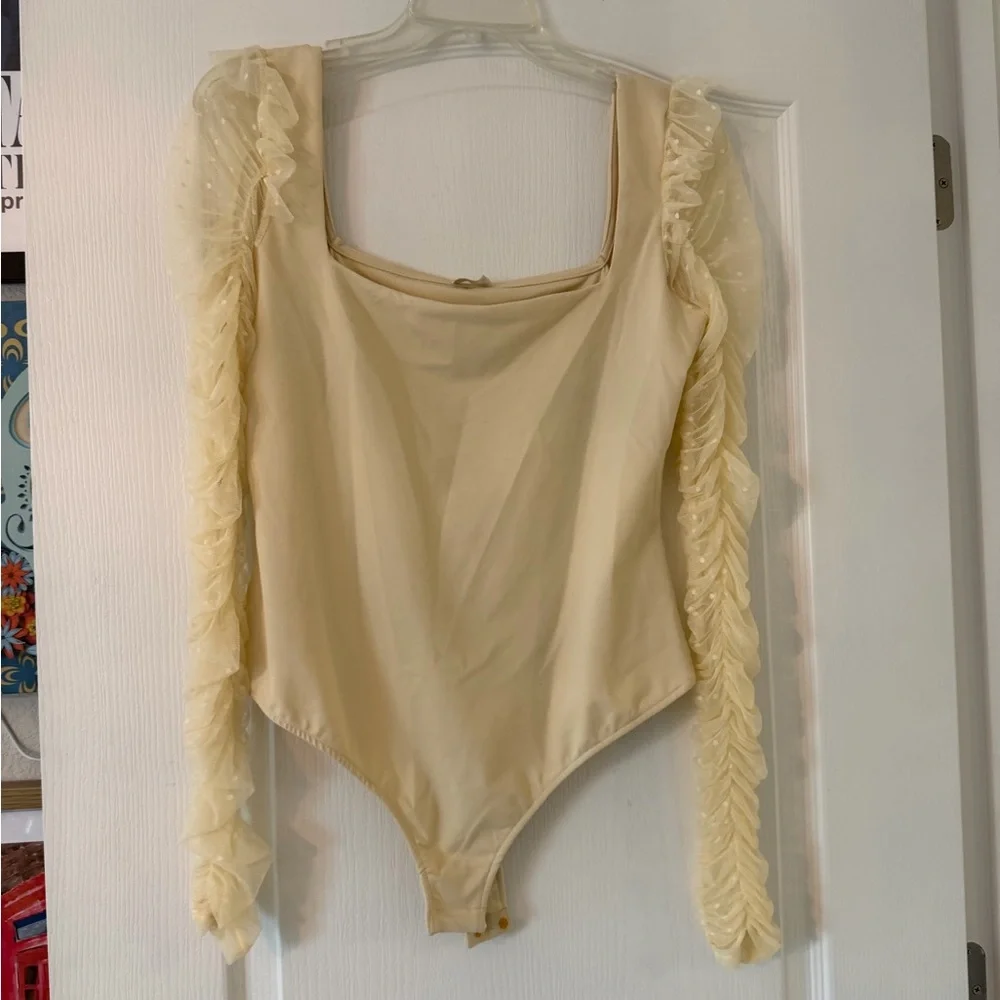Free People Must Be Love Bodysuit Mesh Ruched Sleeve Square Neck in Ivory L